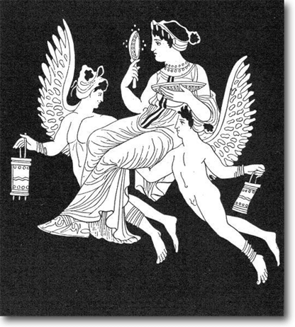 Afrodita, la diosa de la belleza y el amor, transportada por dos cupidos (o eros)