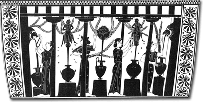 Mujeres recogiendo agua en la fuente. Pintura de una hidria arcaica.